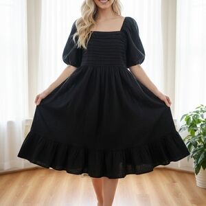 Abercrombie & Fitch Black Midi Dress with Puff Sleeves